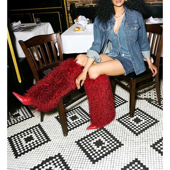 Women's Fur Red Pointed Toe Fold Over Wide Calf Knee High Heel Boots - Picture 2 of 7